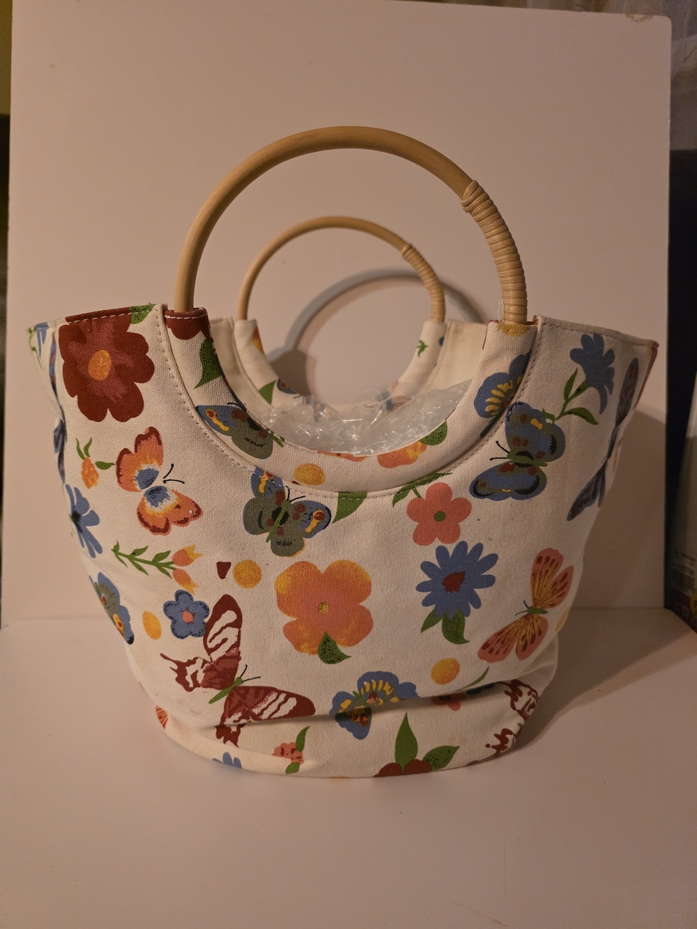 Floral Butterfly Canvas Tote Bag with Bamboo Handles - Cream